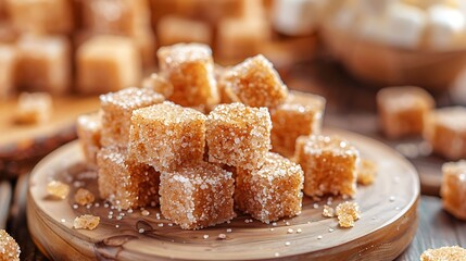 refined sugar cubes from sugar toast brown sugar on wooden plate sweet background close up