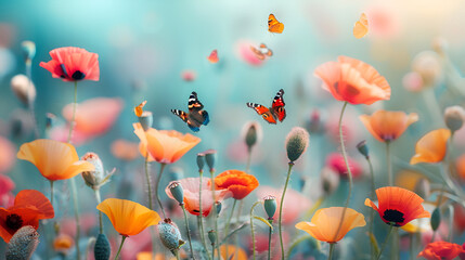 Obraz premium Beautiful colorful flower meadow with multi-colored poppies and fluttering butterflies in nature in spring and summer on light turquoise background close-up with soft focus