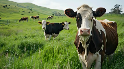 Cows in a fresh grassy field on a clear day 