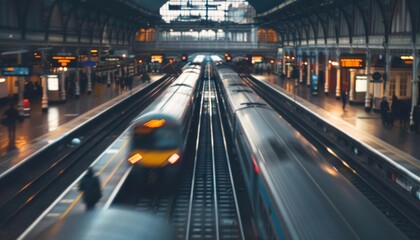 A train pulls into a bustling train station with passengers waiting on the platform.