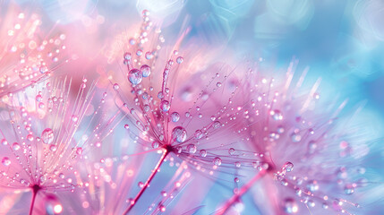 Beautiful dew drops on a dandelion seed macro. Beautiful soft light blue and violet background. Water drops on a parachutes dandelion on a beautiful blue. Soft dreamy tender artistic imag