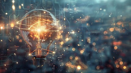 Fototapeta premium Glowing Light Bulb with Digital Blurry Lights Background for Bright Idea Digital Innovation Technology Concept.