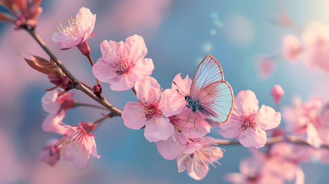 Beautiful pink butterfly and cherry blossom branch in spring on blue sky background, soft focus. Amazing elegant artistic image of spring nature, frame of pink Sakura flowers and butterfl