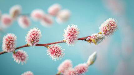 Blooming fluffy willow branches in spring close-up on nature macro with soft focus on turquoise background sky in sunlight. Pastel gentle tones blue and pink, ultra wide format