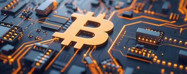 Golden Bitcoin symbol on a digital motherboard, representing cryptocurrency and blockchain technology in a futuristic setting.