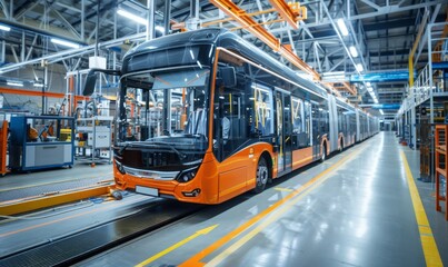 Futuristic Electric Bus Manufacturing: Abstract Visualization of Automated Assembly Line in EV Factory. High-Tech Production of Self-Driving Public Transit Vehicles. Sustainable Transportation Revolut