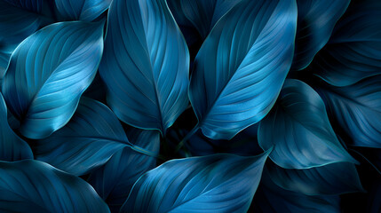 Fototapeta premium Close-up detail macro texture bright blue green leave tropical forest plant spathiphyllum cannifolium in dark nature background.Curve leaf floral botanical abstract desktop wallpaper,websit