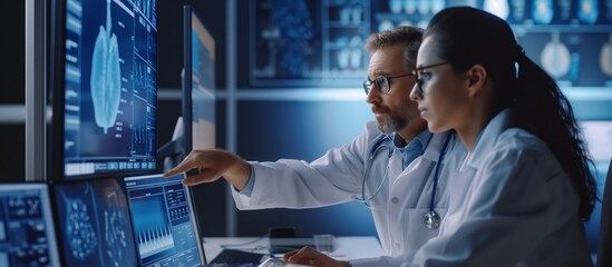 Medical professionals use hightech brain scans in a lab for diagnostics research to improve patient care. Advanced technology expertise are applied for precise analysis monitoring