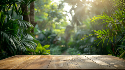 empty table top wooden counter podium in outdoor tropical garden forest blurred green plant background with space.organic product present natural placement pedestal display,spring and sum