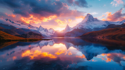 Fototapeta premium Fantastic evening panorama of Bachalp lake Bachalpsee, Switzerland. Picturesque autumn sunset in Swiss alps, Grindelwald, Bernese Oberland, Europe. Beauty of nature concept background