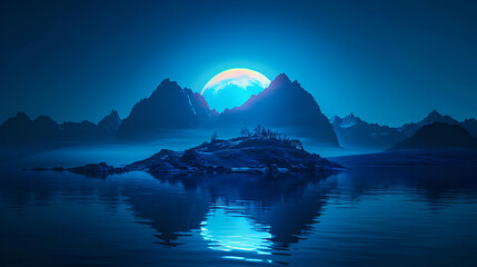 Futuristic night landscape with abstract landscape and island, moonlight, shine. Dark natural scene with reflection of light in the water, neon blue light. Dark neon background