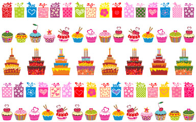 Celebration background with Birthday gift boxes, Cake, cupcakes. Seamless pattern. Illustration for holiday designs, party, birthday, wedding invitation.  Isolated on white background. Web banner. 