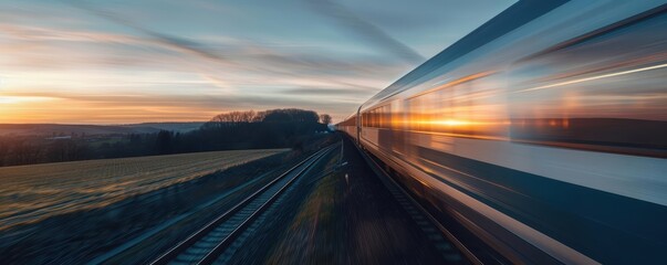 Obraz premium Train speeding through countryside at sunset.