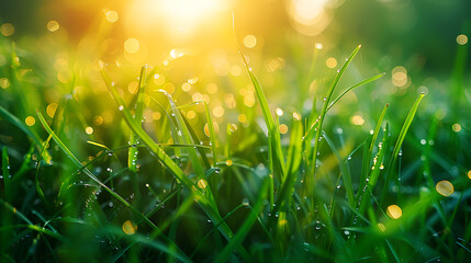Juicy lush green grass on meadow with drops of water dew in morning light in spring summer outdoors close-up macro, panorama. Beautiful artistic image of purity and freshness of nature