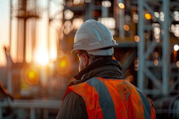 Obraz premium Worker in Hard Hat at Petroleum Drilling Site