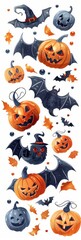 Fototapeta premium Vibrant Collection of Rhinestone Halloween Stickers Featuring Glittery Pumpkins, Bats, and Spiders on a Stark White Background
