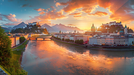 Naklejka premium Panoramic summer cityscape of Salzburg, Old City, birthplace of famed composer Mozart. Great sunset in Eastern Alps, Austria, Europe. Adorable evening landscape with Salzach river