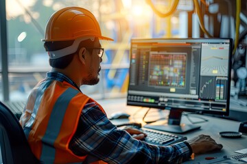 Petroleum Engineer Analyzing Drilling Data on Computer