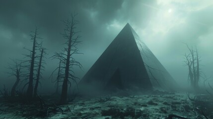 A huge dark pyramid stands in the abandoned field, surrounded by withered dead trees, forming a gloomy and abandoned scene. The feeling of isolation and desolation