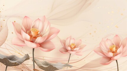 The elegant line art background presents a lotus pattern, using soft shades of pink and gold, with a minimalist design style. Vector illustrations showcase delicate details and graphic design style