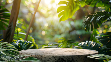 Stone podium table top floor on outdoors blur monstera tropical forest plant nature background.Organic healthy natural product placement pedestal display,spring or summer jungle concept