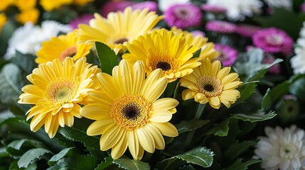 Yellow flowers in white bouquet.