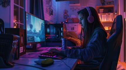 Female gamer sipping energy beverage while gaming on computer in home setting.