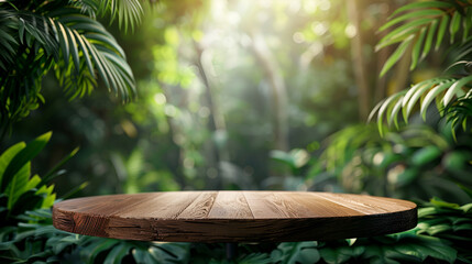 Table top wood counter floor podium in nature outdoors tropical forest garden blurred green jungle plant background.natural product present placement pedestal stand display,spring or summ