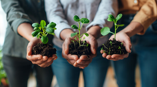 Teamwork and growth with plants in the hands of a group or team of eco people for agriculture and collaboration in a green business. Diverse people holding growing sprouts in a startup comp - Powered by Adobe