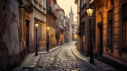 Fototapeta premium A cobblestone street in Prague, lined with historic buildings and street lamps