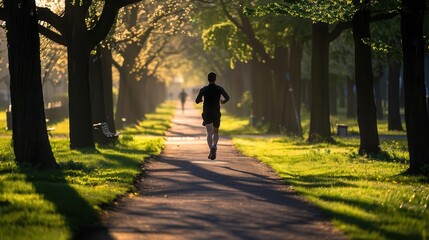 A jogger running along a tree-lined path in a city park