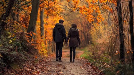 A couple walking hand in hand along a park trail, with autumn leaves