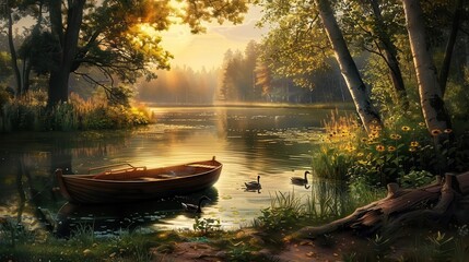 Obraz premium A peaceful pond with ducks swimming and a rowboat on the shore