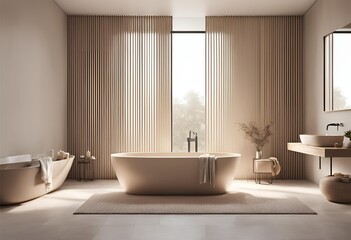 Fototapeta premium Minimalist bathroom with freestanding tub, vertical beige tiles, large window, modern decor, clean bath accessories, 3D rendering of contemporary design