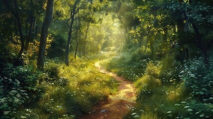 Obraz premium A winding path through the dense undergrowth, with sunlight filtering through