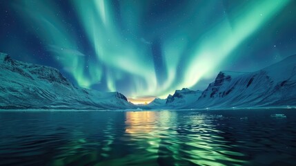 Obraz premium Aurora Borealis Over Snowy Mountain Landscape