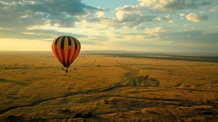 Obraz premium A hot air balloon drifting over the vast plains of the Serengeti