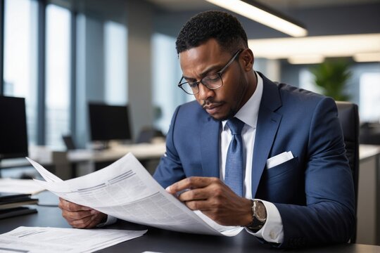 Black African American businessman in blue suit seated at desk reading newspaper in office - Powered by Adobe