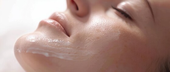 Fototapeta premium Close-up of a woman's face with white cream applied.