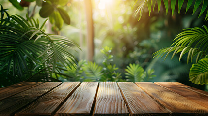 Wood podium table top outdoors blur green monstera tropical forest plant nature background.Beauty cosmetic healthy natural product placement pedestal display,spring or summer jungle paradis