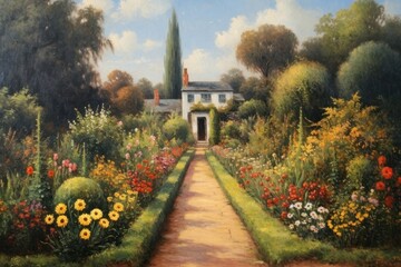 Sunlight flower garden painting art architecture.