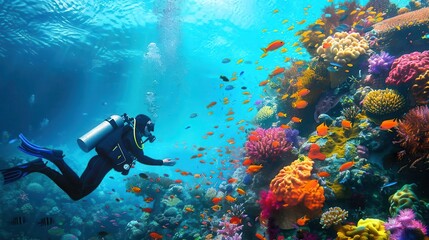 Obraz premium A scuba diver exploring a vibrant coral reef teeming with marine life