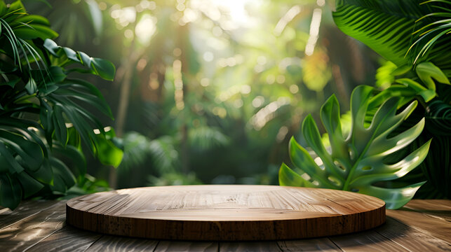 Wood podium table top outdoors blur green monstera tropical forest plant nature background.Beauty cosmetic healthy natural product placement pedestal display,spring or summer jungle parad