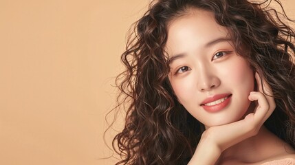 Fototapeta premium Gorgeous Asian woman with curly hair, radiant complexion, and Korean makeup smiling on a neutral background, showcasing her flawless skin. Beauty treatments and enhancement.