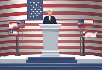 Podium and American flag in a row for US presidential election event. Ideal for political rallies, election speeches, and patriotic displays