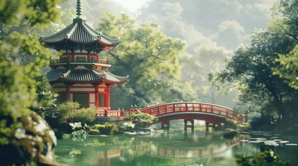 Fototapeta premium Red bridge over calm waters