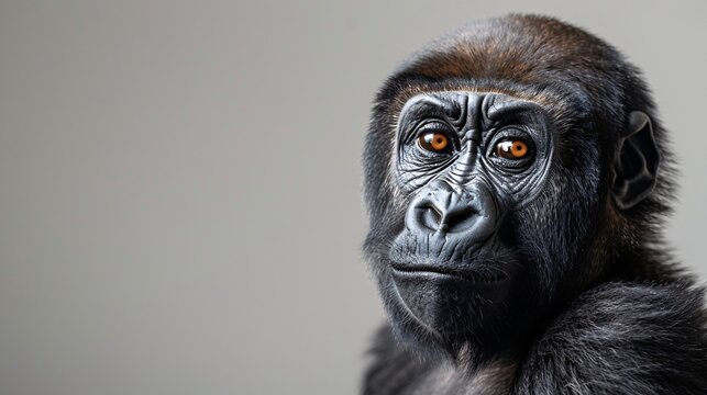 The melanistic gorilla separated on a blank backdrop.