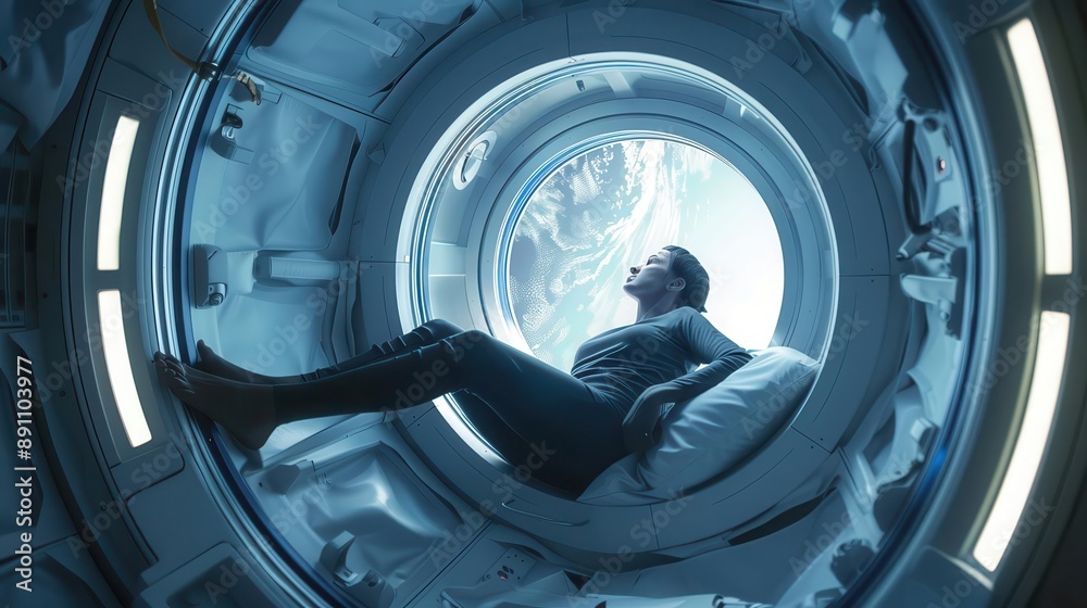 Canvas Prints a contemplative astronaut gazes out of a futuristic spacecraft window, immersed in thoughts of space