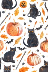 Mystical Watercolor Seamless Pattern with Wands, Pumpkins, and Black Cats on White Background