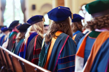 Graduation ceremony with students wearing academic regalia, seated in a row, celebrating academic achievement in a formal setting.
